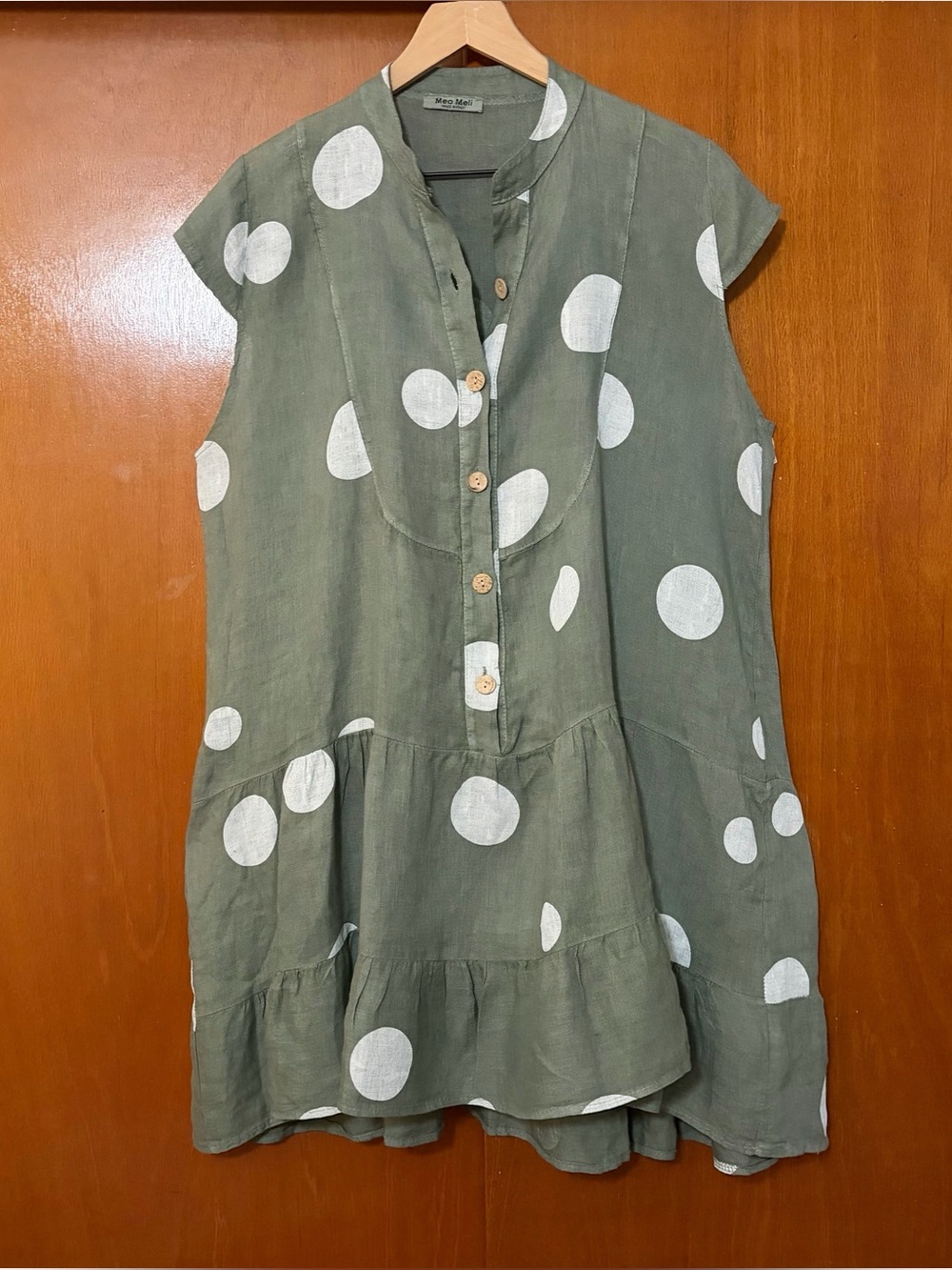 Meo Meli Linen Dress Olive Green Large Polka Dot Lagenlook